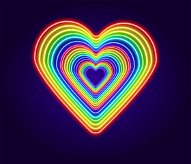 Neon heart made of multicolored lines. Vector isolated love symbol made of glowing repeating contours of red, blue, green, yellow and purple rainbow colors on a blue background for a love design templ