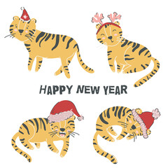 Happy New Year. 2022. Bundle of little cute tigers, symbol of chinese New Year. Flat scandinavian style. Illustration for kids. Hand drawn cliparts set. Perfect for calendar, cards, advertising. 