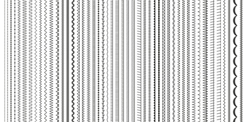 Embroidery stitches. Sewing seams. Set of machine thread sew brushes. Overlock fabric elements. Outline border isolated on white background. Seamless pattern. Simple design. Vector illustration. - obrazy, fototapety, plakaty