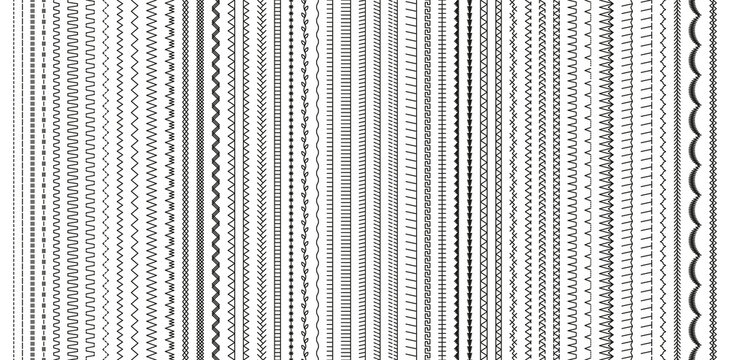 Embroidery stitches. Sewing seams. Set of machine thread sew brushes. Overlock fabric elements. Outline border isolated on white background. Seamless pattern. Simple design. Vector illustration.