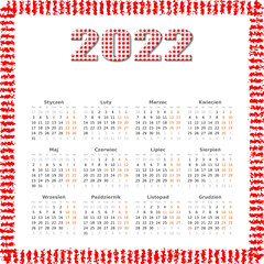 Kalendarz na 2022 rok - język polski - 12 miesięcy - święta i dni wolne zaznaczone innym kolorem.