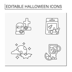  Halloween line icons set. Traditional holiday element. Clear moon night, glintwine, candles and cemetery. Holidays calendar concept. Isolated vector illustration. Editable stroke