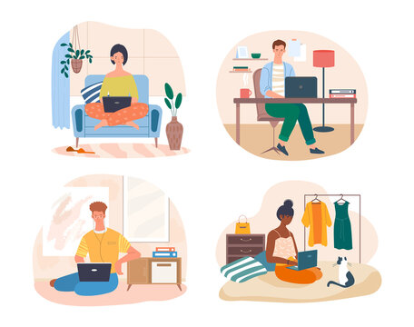 Set of freelance. Collection of pictures with people who work from home. Modern technologies, new professions, convenient workplace. Cartoon flat vector illustration isolated on white background