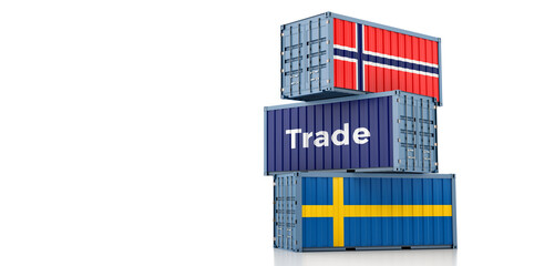Shipping containers with Norway and Sweden flag. 3D Rendering 