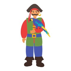 Pirate character with tropical parrot Flat vector illustration