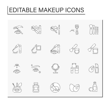 Makeup line icons set. Different types of cosmetic productions. Real beauty. Beauty salon. Cosmetology concept. Isolated vector illustrations. Editable stroke