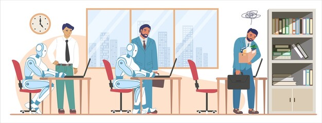 Fired employee leaving office, robots working on computers, vector illustration. AI superiority. Human staff reduction.