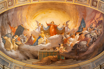ROME, ITALY - AUGUST 27, 2021: The fresco of Assumption of Our Lady in the Vision of St Bonaventure in the church Chiesa di Santa Lucia del Gonfalone by Cesare Mariani (1863).