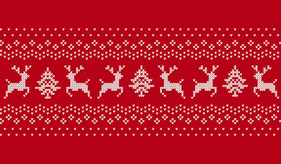 Christmas seamless pattern. Red knit print with deers and trees. Knitted sweater background. Xmas geometric texture. Holiday fair isle traditional ornament. Festive border. Vector illustration
