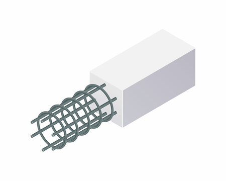 Isometric vector illustration tied rebar cage isolated on white background. Realistic steel reinforcement bars icon. Construction rebar. Steel rods used for reinforcing concrete. Building materials.
