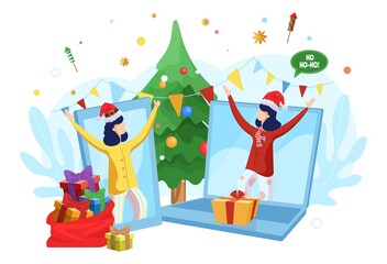 Happy girls celebrating Christmas online, vector illustration. Virtual party, video call technologies, distance meeting.