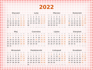 Kalendarz 2022 rok - język polski - 12 miesięcy - święta i dni wolne zaznaczone innym kolorem. - obrazy, fototapety, plakaty