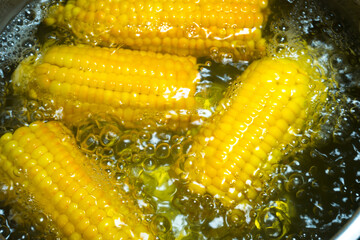Sweet Corn cobs boiling in hot water in the pot.