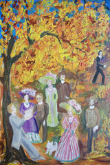 Historical personages Belle Epoque. Autumn landscape with leisure people. Ladies and gentlemen in park fine art illustration. Beautiful artwork. Reading poet in grove. Cultural leisure concept.