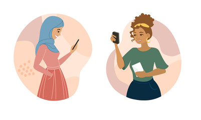 Woman using mobile. Two friends talking on smartphone. Call, communication. Girl writes sms, urgent help, support, communication. Cartoon flat vector illustration isolated on white background