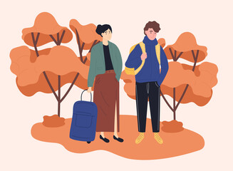 Walking with luggage. Guy and girl travel in fall. Couple goes to train station. Family moves to new place, vacation, park, tourist. Cartoon flat vector illustration isolated on pink background