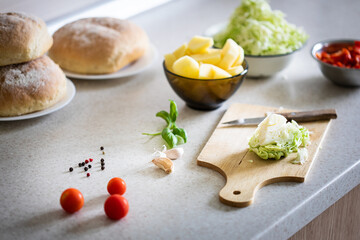 Ingredients on table prepared for Ukrainian soup borsch