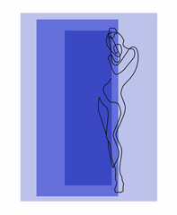 Abstract black and white figures of a woman on a background of blue rectangles of different sizes.Minimalist drawing.