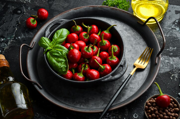 Spicy fresh pepperoni pepper. Top view of chili peppers. Free space for text.