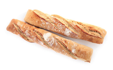 Tasty baguettes on white background, top view. Fresh bread