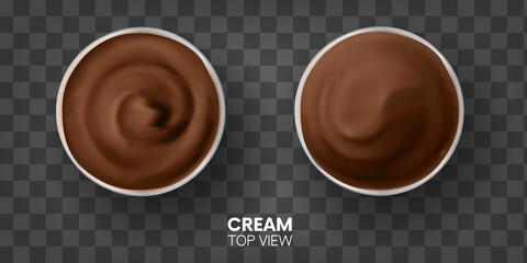 Realistic chocolate cream, yoghurt, mousse, ice cream Set TOP view. Set of special 3d effects. Isolated On transparent Background.texture.Vector Illustration