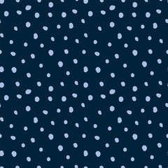 Winter snow is blue on dark. Winter doodle pattern of snowfall and blizzard of different sizes. Cute background for crafting postcards. Vector illustration