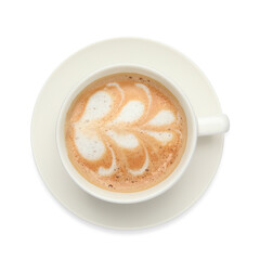 Cup of tasty coffee isolated on white, top view