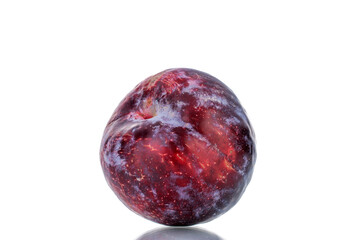 One ripe purple plum, close-up, isolated on white.