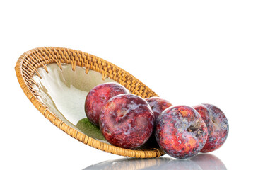 Several ripe purple plums with a ceramic plate, close-up, isolated on white.