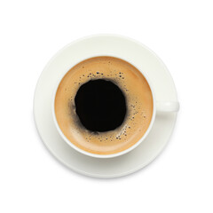 Cup of hot coffee and saucer isolated on white, top view