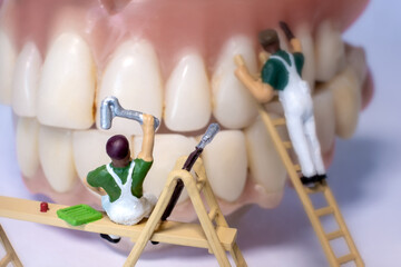 closeup of miniature people repairing denture