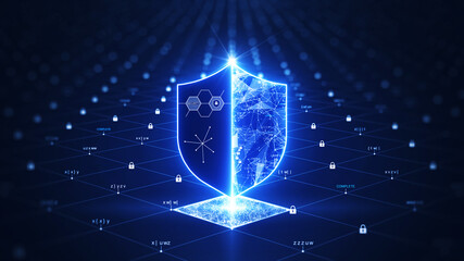 Data protection is a concept in cybersecurity and privacy technologies. There is a shield in the middle. The small padlock serves as the connection point between the polygons. dark blue background