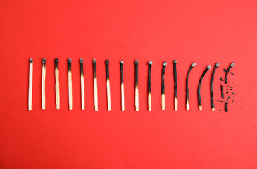Different stages of burnt matches on red background, flat lay