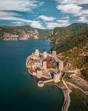 Drone view of Golubac fortress and Danube river