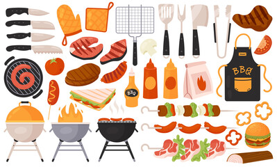 Bbq grill food, barbecue meat menu set vector illustration. Cartoon picnic summer party barbeque collection, roast beef or pork on fire, sausage burger and sauces, kitchen tools isolated on white