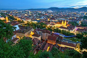 Panorama view of the city of Graz in the evening