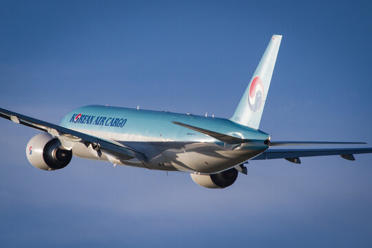 Korean Air Cargo Boeing 777 airplane taking off