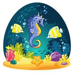 Seahorse, starfish, tropical fish, coral reef. drawn Cute characters. cartoon Vector illustrations - 462934632