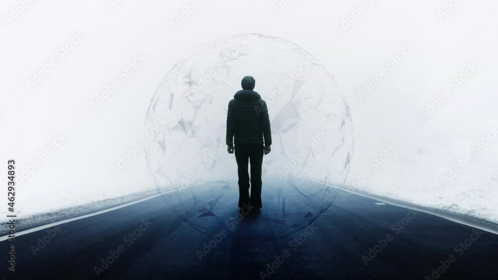 Poster man person standing on a road with artificial intelligence technology sphere. augmented reality back