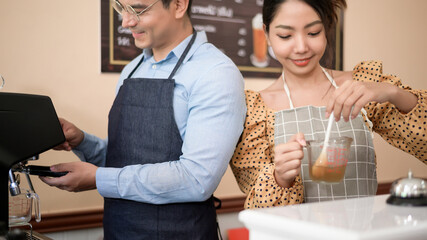 Baristas making and preparing a cup of coffee in coffee shop