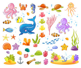 Sea set. Cartoon sea animals. Cute ocean fish, octopuses, turtles, jellyfish, crabs, starfish, seahorse, tropical fish, treasures, algae, coral reefs. Vector isolated illustrations - 462935014