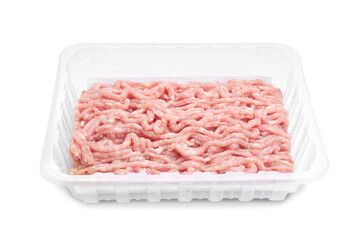 Raw chicken minced meat in container isolated on white