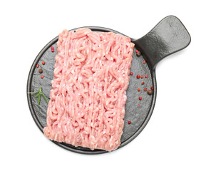 Raw chicken minced meat with spices and rosemary on white background, top view