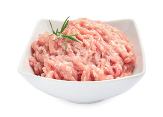 Raw chicken minced meat with rosemary in bowl on white background © New Africa