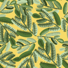 Vector seamless pattern colorful design with decorative Christmas fir tree branches in yellow and green tones