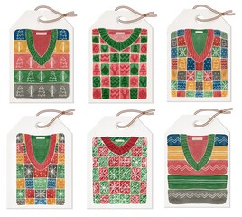 Set of Christmas tags with winter sweaters for gifts