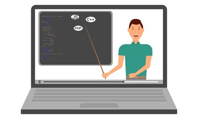 IT courses. Learning programming languages online. The teacher shows the program code on the laptop screen.