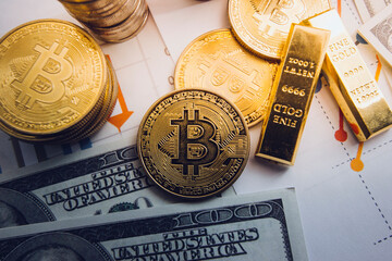 Gold bitcoin with stock graph for background, Gold Bitcoin Cryptocurrency Coins. Stock Market Concept, digital money and stock business.