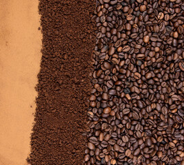 Pile of roasted coffee beans and ground instant coffee top view stock images. Different types of coffee beans close-up stock photo. Coarse and fine ground coffee stock images