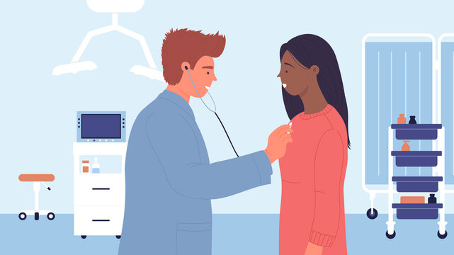 Doctor checkup in medical clinic vector illustration. Cartoon man physician character with stethoscope equipment listening to beats of heart of young patient woman. Diagnosis and healthcare concept